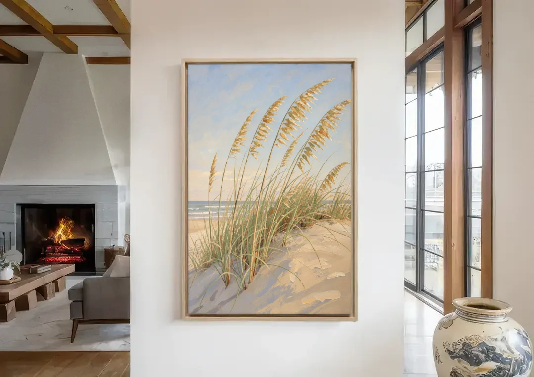 Sea Grass Wall Art with Golden Sea Oats canvas wall art in a living room with a fireplace