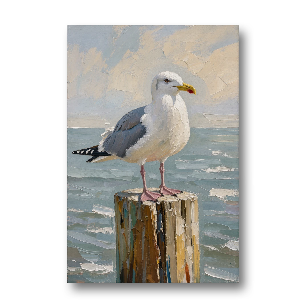 Seagull Painting on the Weathered Dock Post - Canvas Wall Art - Front