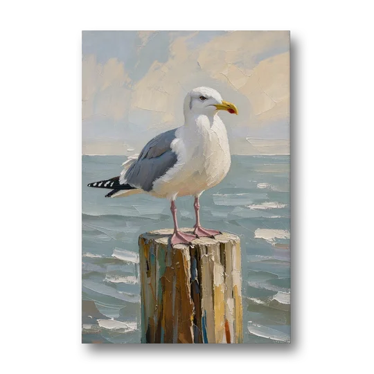 Seagull Painting on the Weathered Dock Post - Canvas Wall Art - Front
