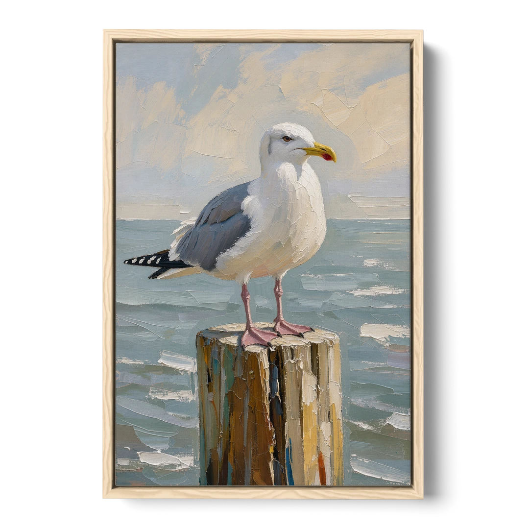Seagull Painting on the Weathered Dock Post - Oak Framed Canvas Wall Art - Front