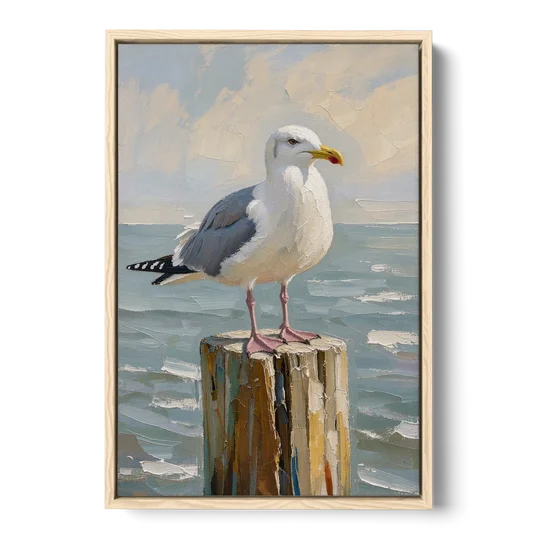 Seagull Painting on the Weathered Dock Post - Oak Framed Canvas Wall Art - Front