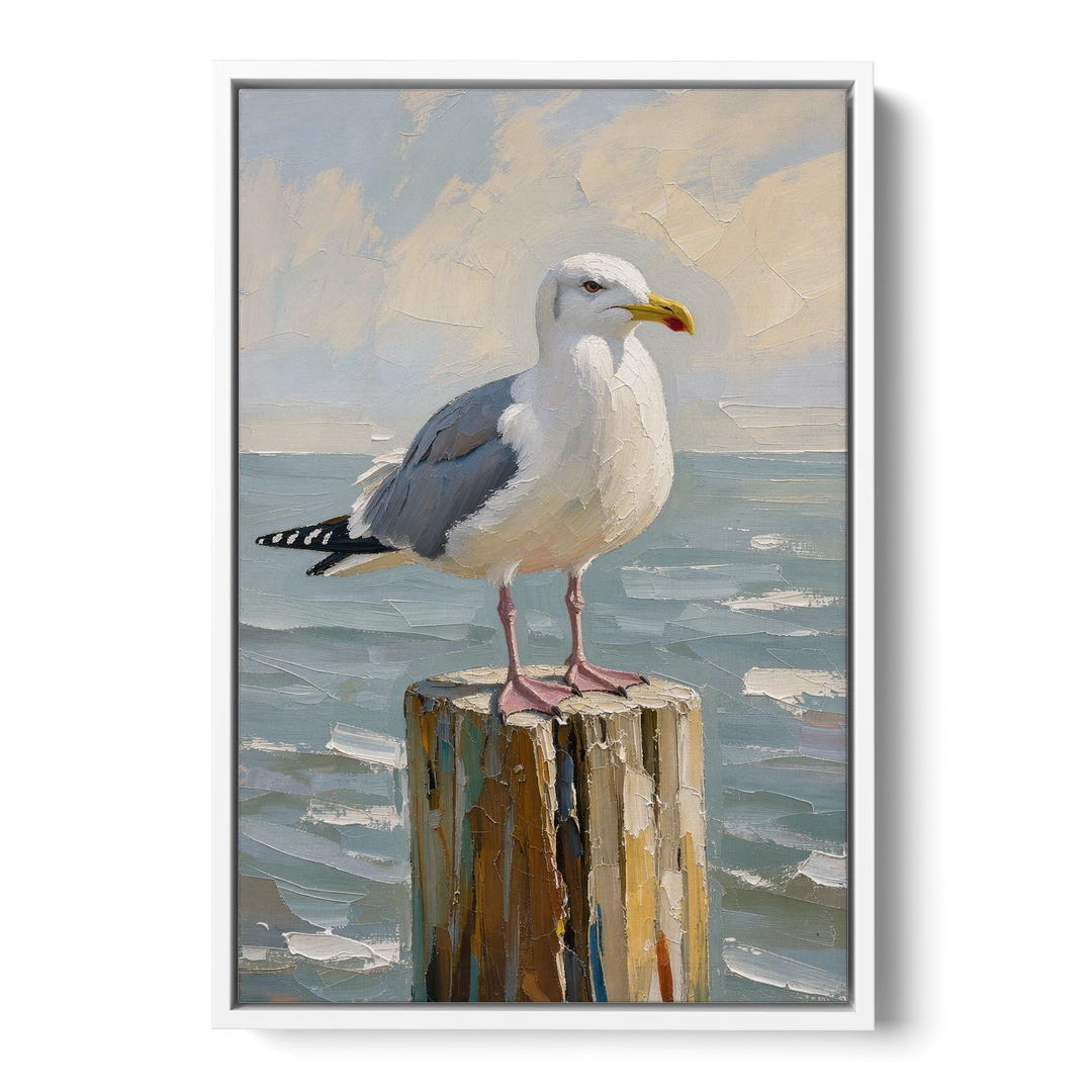 Seagull Painting on the Weathered Dock Post - White Framed Canvas Wall Art - Front