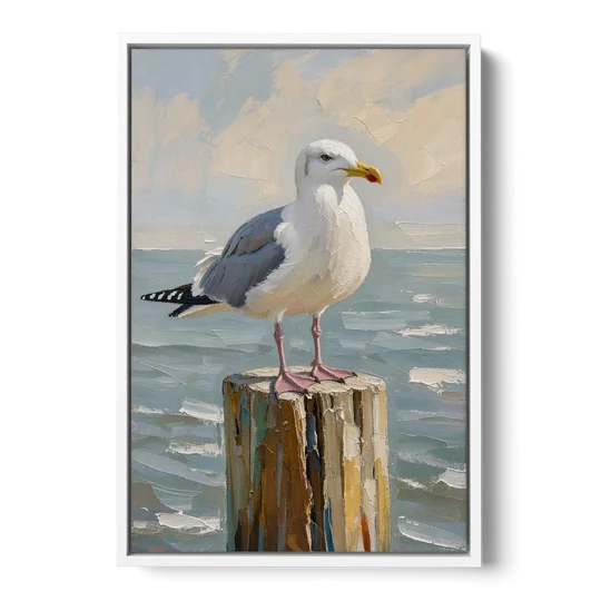 Seagull Painting on the Weathered Dock Post - White Framed Canvas Wall Art - Front