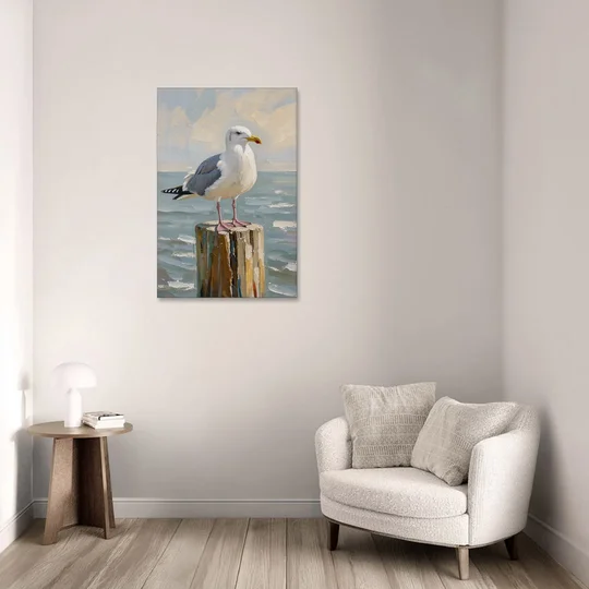 Seagull Painting on the Weathered Dock Post - Canvas Wall Art - Sofa - 24x36