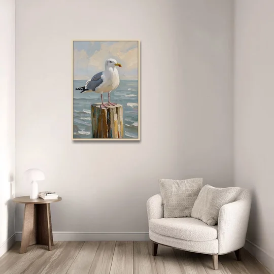 Seagull Painting on the Weathered Dock Post - Oak Framed Canvas Wall Art - Sofa - 24x36