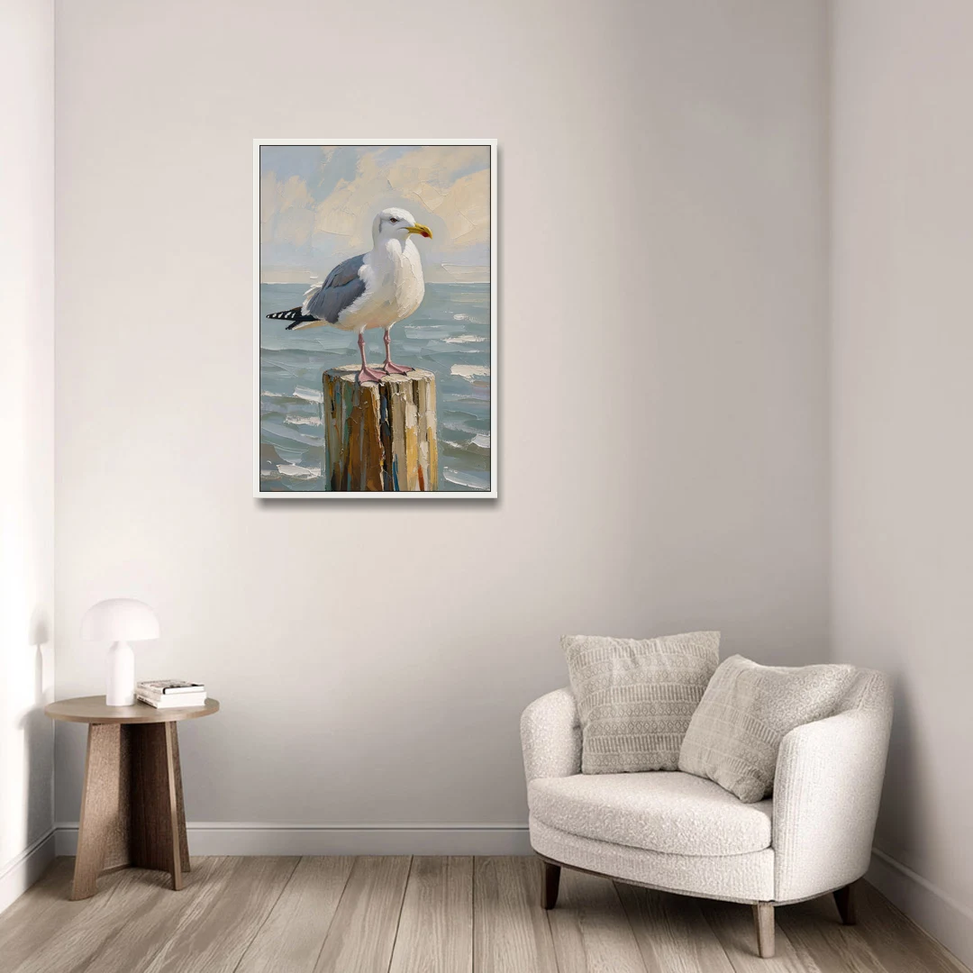 Seagull Painting on the Weathered Dock Post - White Framed Canvas Wall Art - Sofa - 24x36