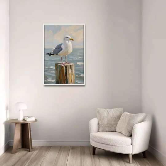 Seagull Painting on the Weathered Dock Post - White Framed Canvas Wall Art - Sofa - 24x36