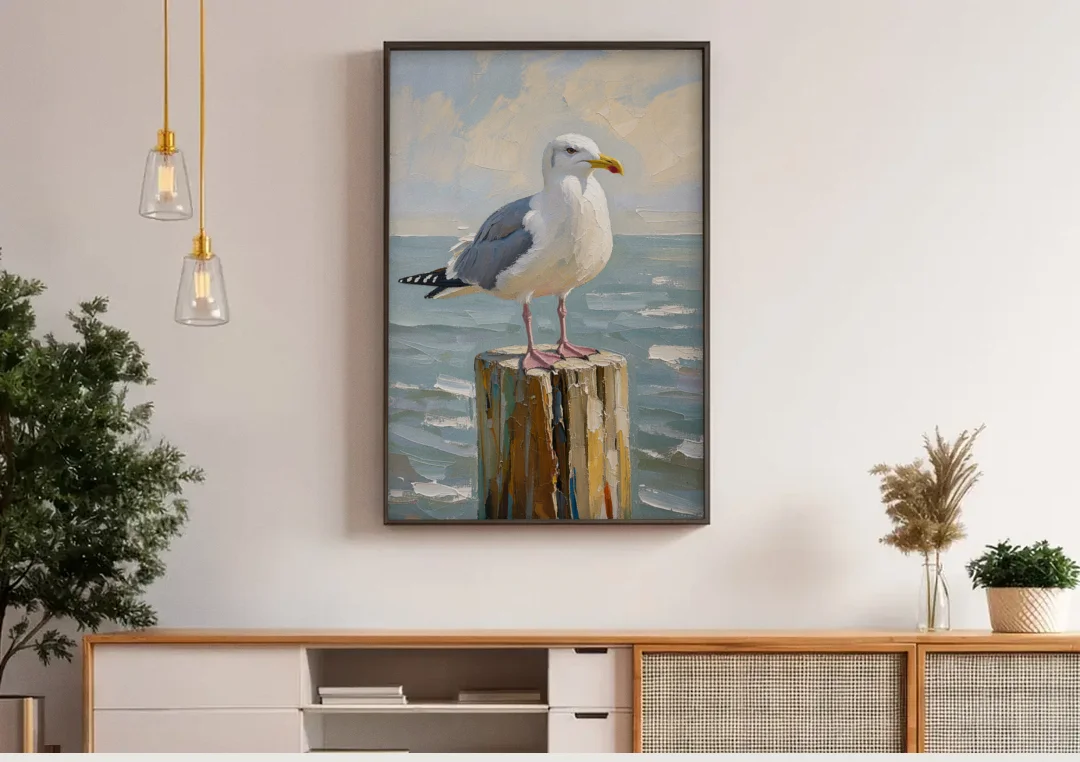 Seagull Painting on the Weathered Dock Post canvas wall art above a wooden sideboard under pendant lights