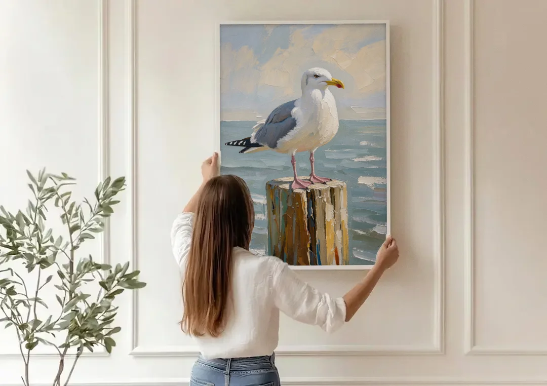 Seagull Painting on the Weathered Dock Post canvas wall art being hung on a paneled wall