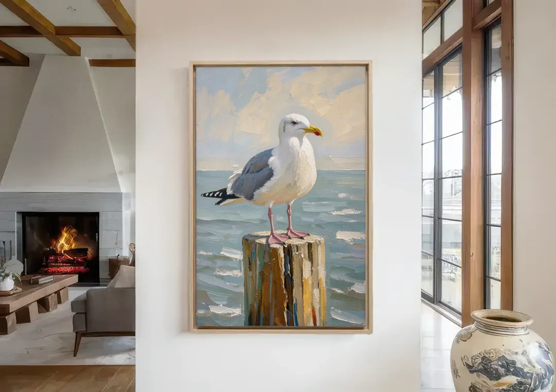 Seagull Painting on the Weathered Dock Post canvas wall art in a living room with a fireplace