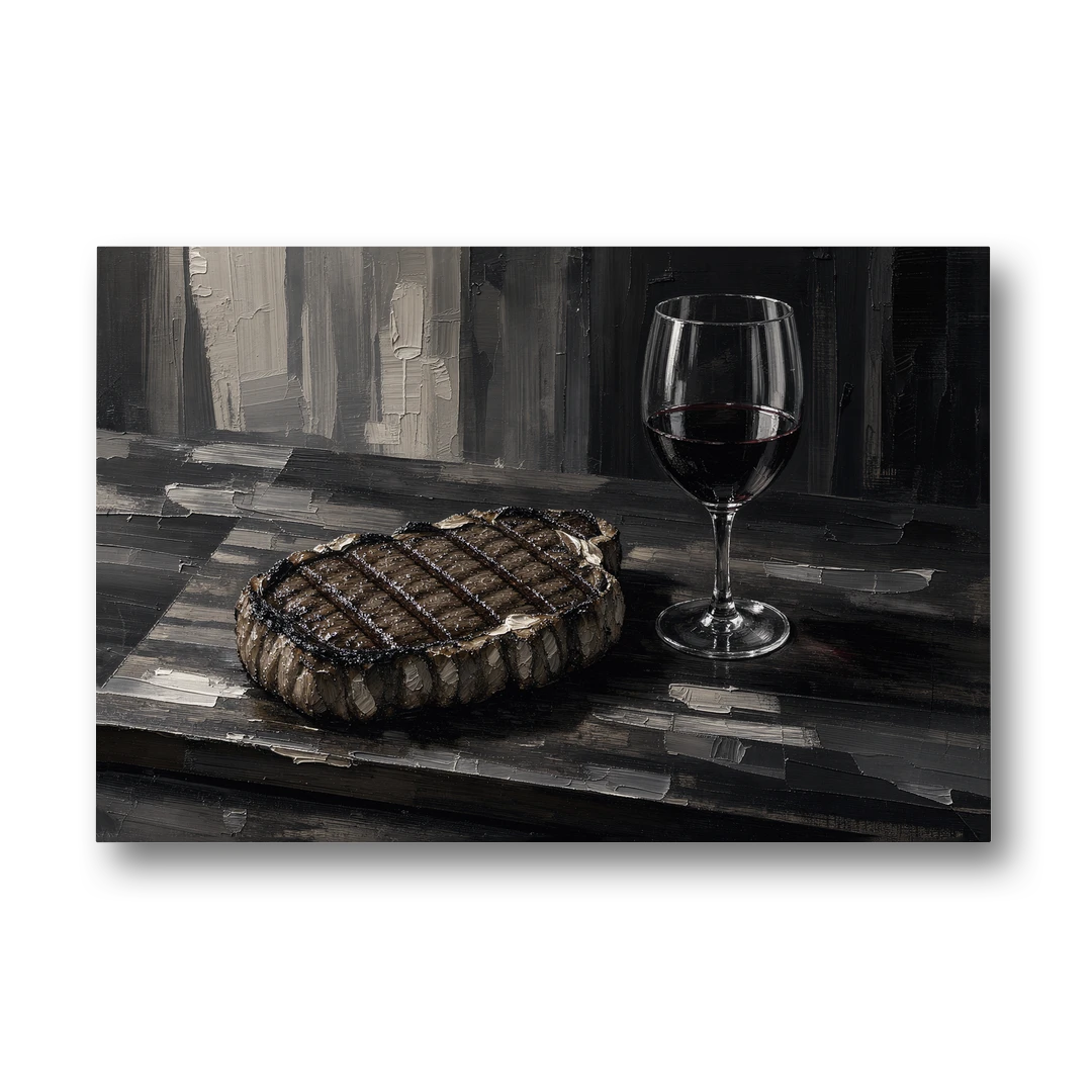 Seared Steak and Red Wine Palette Knife Painting - Canvas Wall Art - Front