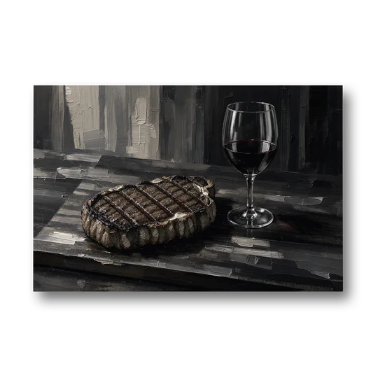 Seared Steak and Red Wine Palette Knife Painting - Canvas Wall Art - Front