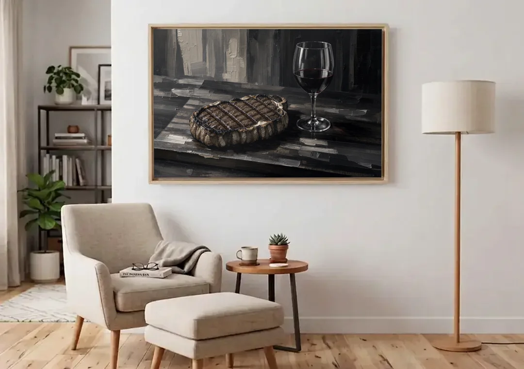 Seared Steak and Red Wine Palette Knife Painting canvas wall art above an armchair in a bright living room