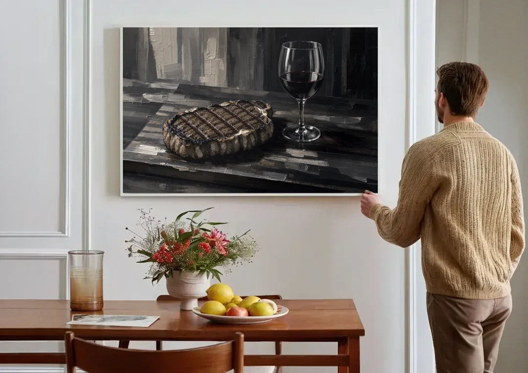 Seared Steak and Red Wine Palette Knife Painting canvas wall art above a dining table