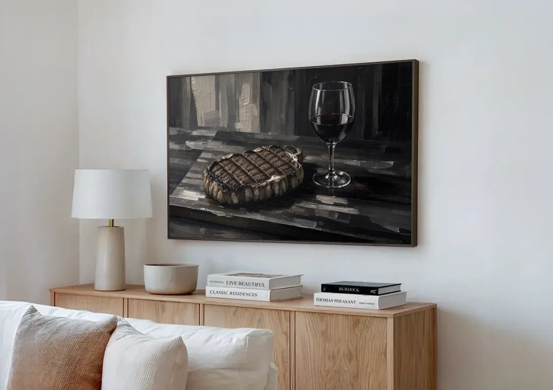 Seared Steak and Red Wine Palette Knife Painting canvas wall art above a wooden sideboard next to a sofa
