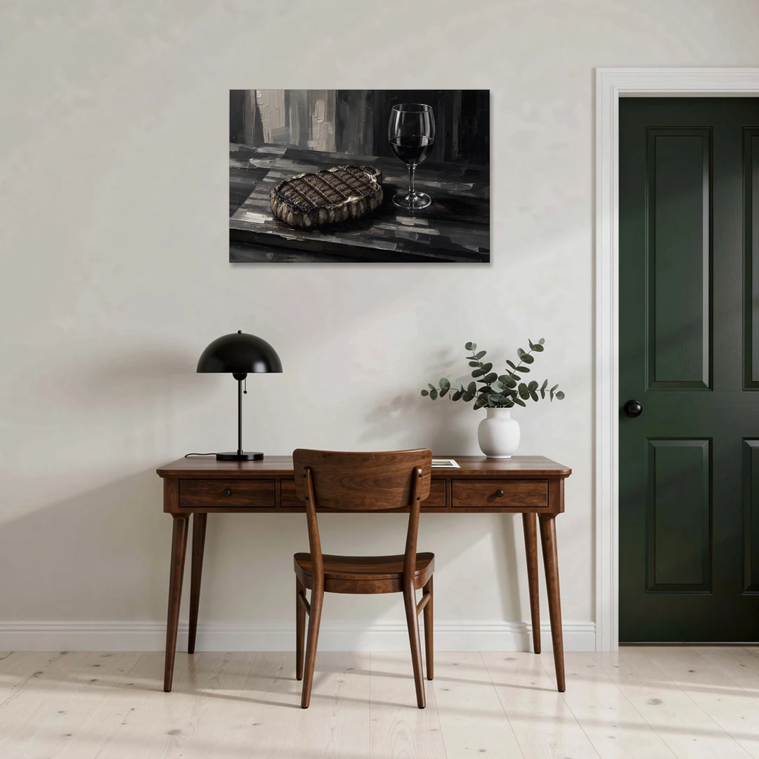 Seared Steak and Red Wine Palette Knife Painting - Canvas Wall Art - Office - 36x24