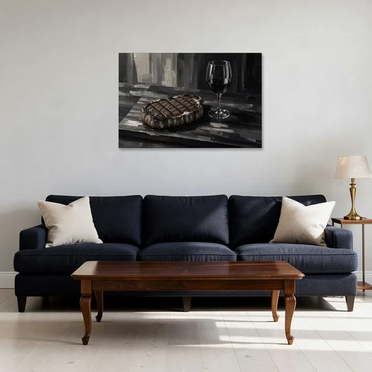 Seared Steak and Red Wine Palette Knife Painting - Canvas Wall Art - Sofa - 36x24