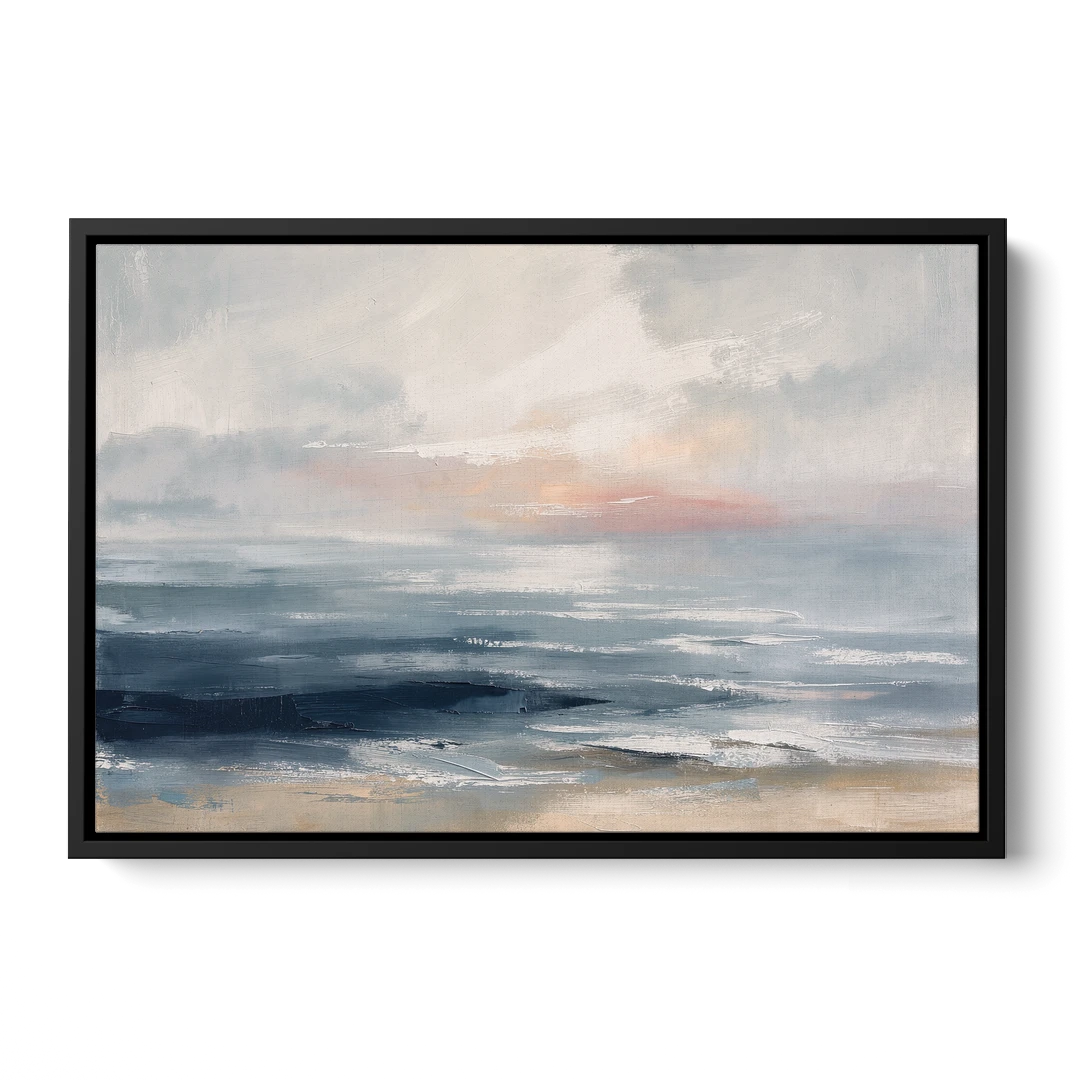 Seascape Painting of a Misty Dawn Horizon - Black Framed Canvas Wall Art - Front