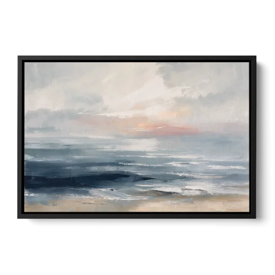 Seascape Painting of a Misty Dawn Horizon - Black Framed Canvas Wall Art - Front