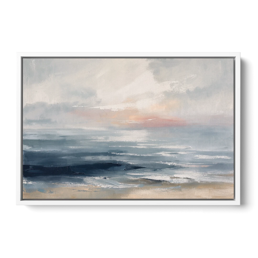 Seascape Painting of a Misty Dawn Horizon - White Framed Canvas Wall Art - Front