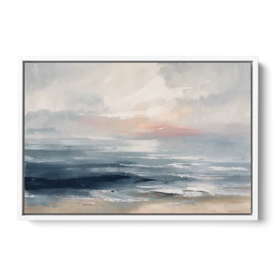 Seascape Painting of a Misty Dawn Horizon - White Framed Canvas Wall Art - Front
