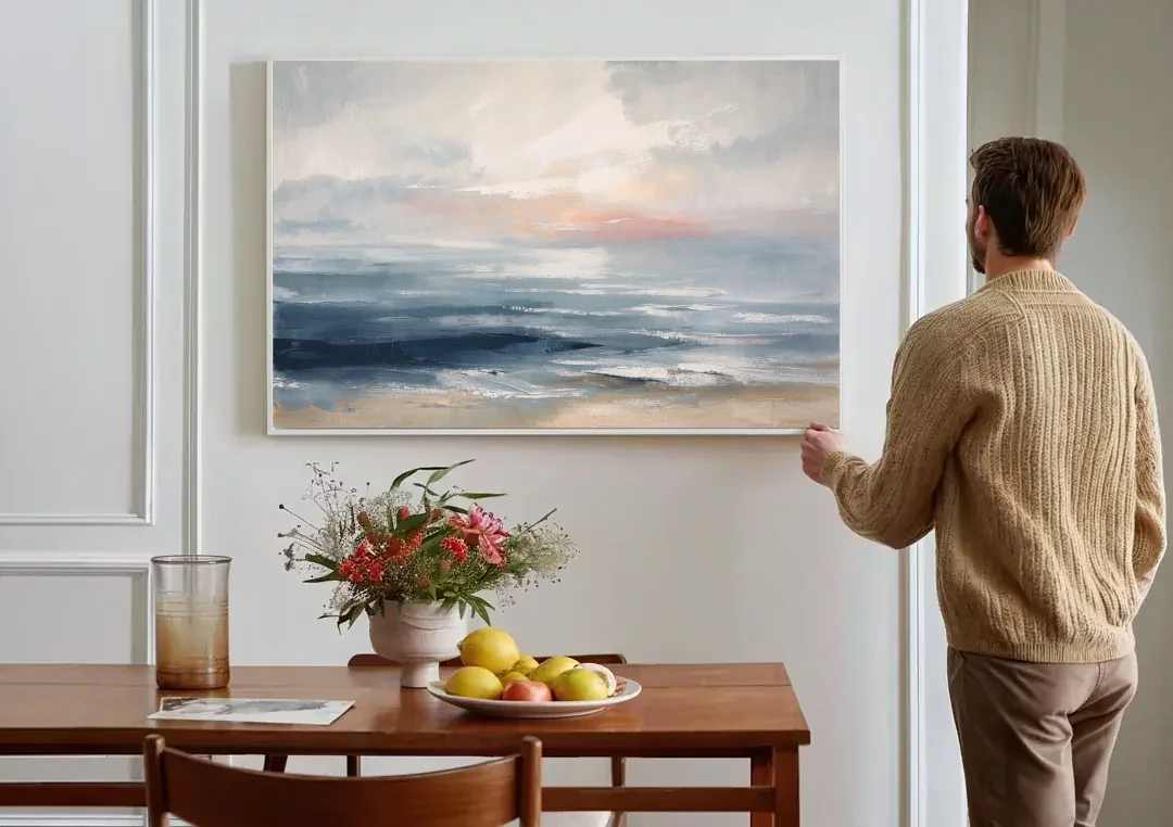 Seascape Painting of a Misty Dawn Horizon canvas wall art above a dining table
