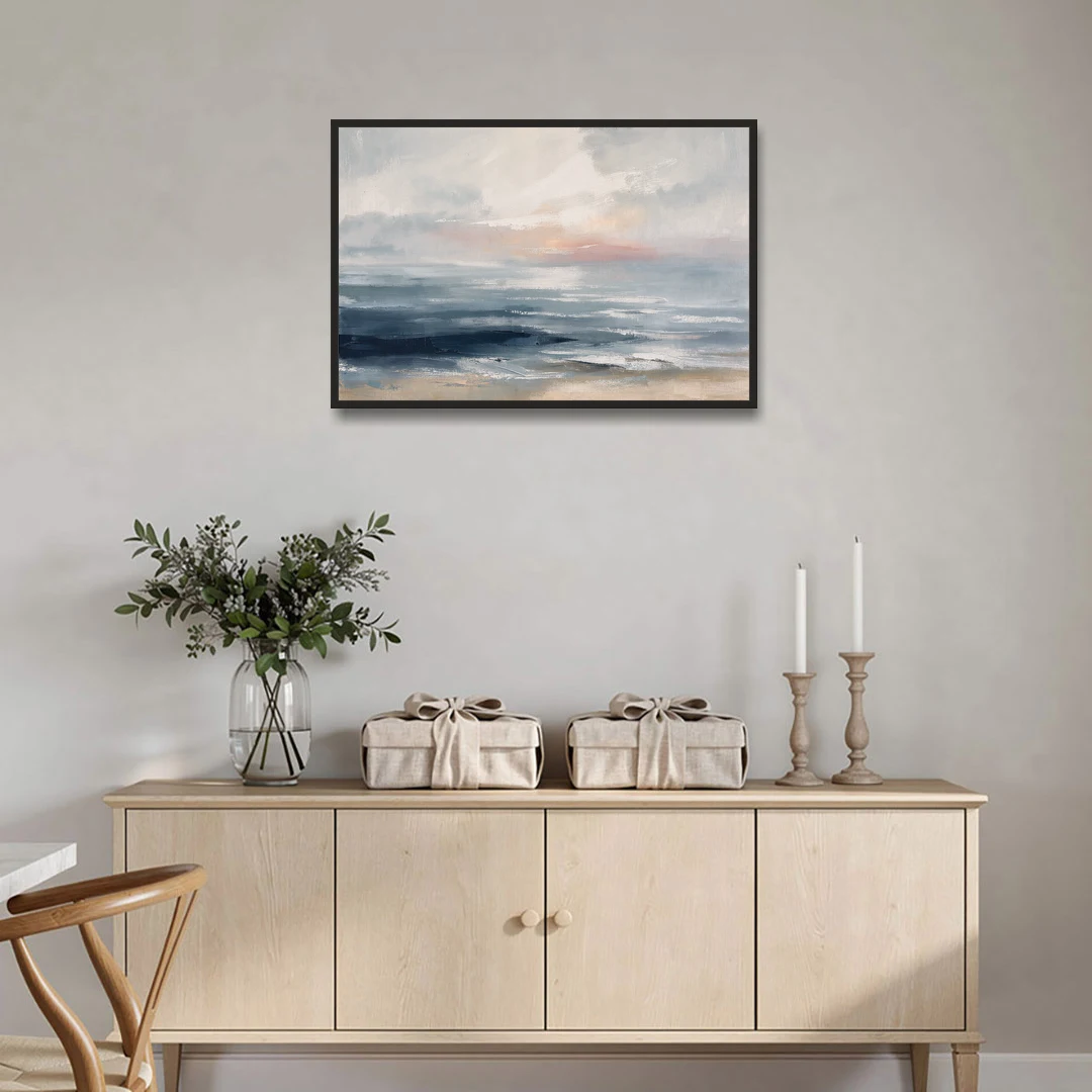 Seascape Painting of a Misty Dawn Horizon - Black Framed Canvas Wall Art - Coffee Table - 36x24
