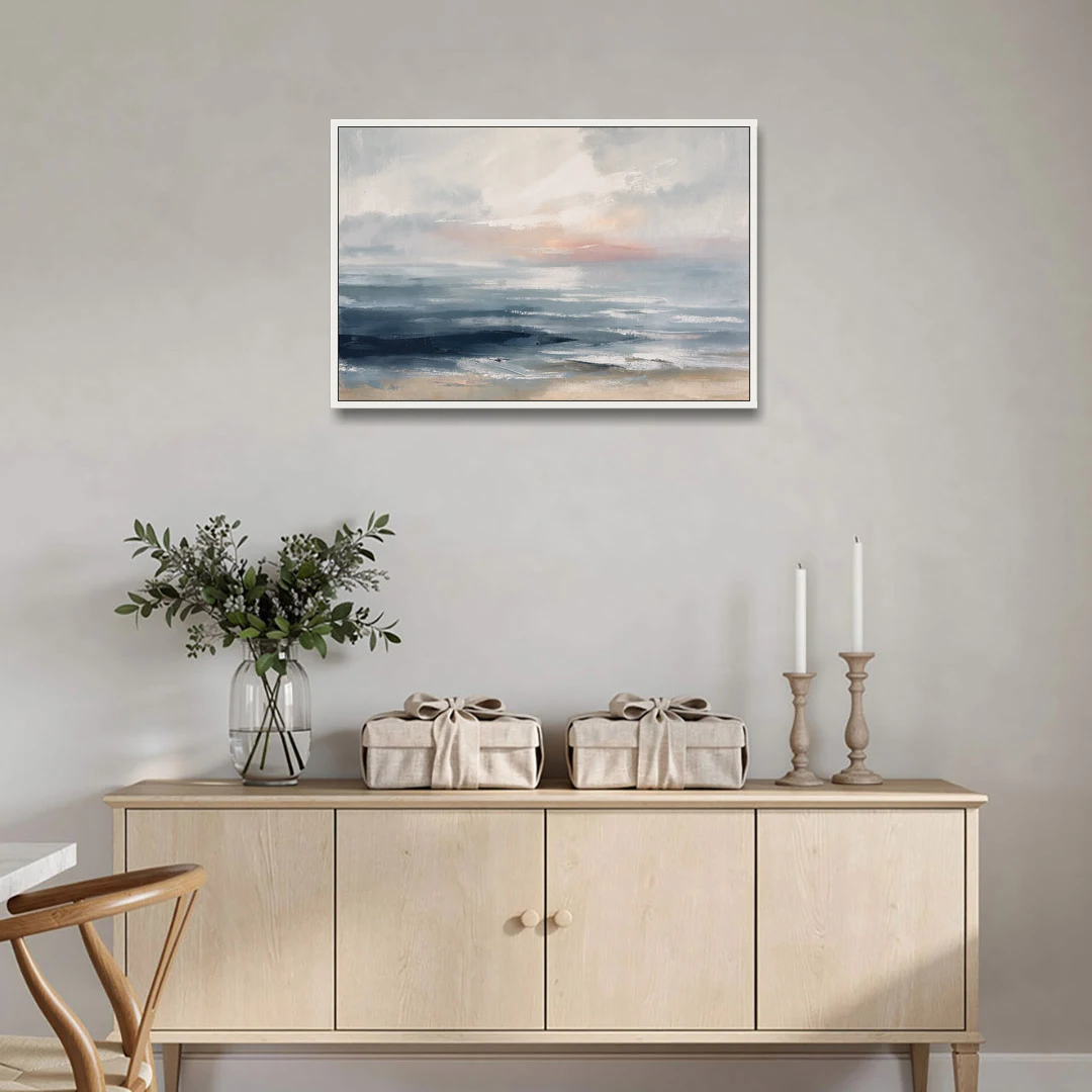 Seascape Painting of a Misty Dawn Horizon - White Framed Canvas Wall Art - Coffee Table - 36x24