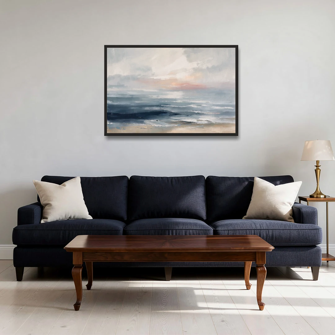 Seascape Painting of a Misty Dawn Horizon - Black Framed Canvas Wall Art - Sofa - 36x24