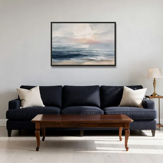 Seascape Painting of a Misty Dawn Horizon - Black Framed Canvas Wall Art - Sofa - 36x24