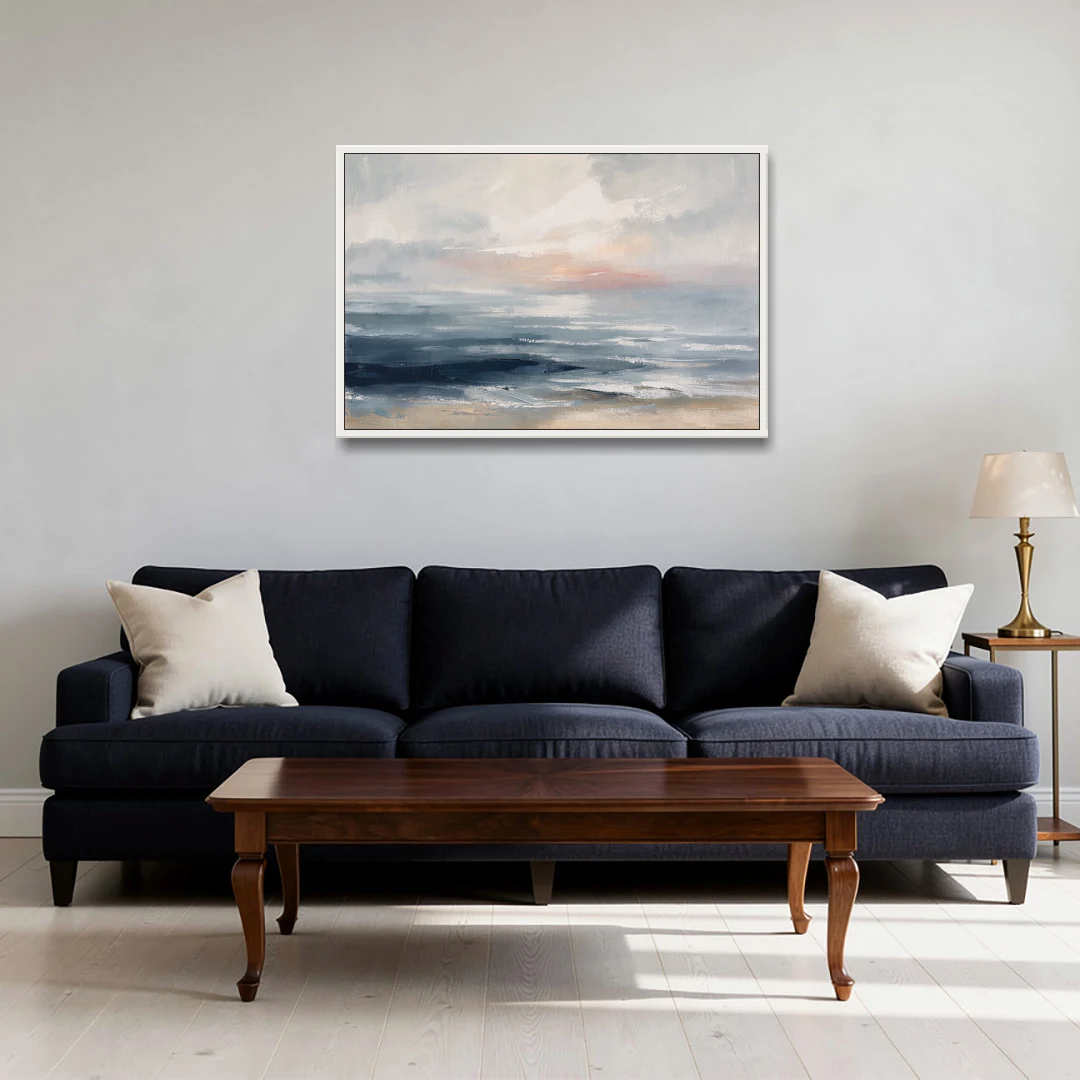 Seascape Painting of a Misty Dawn Horizon - White Framed Canvas Wall Art - Sofa - 36x24