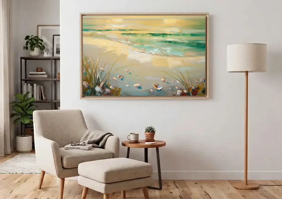 Seaside Beachfront Serenity canvas wall art above an armchair in a bright living room