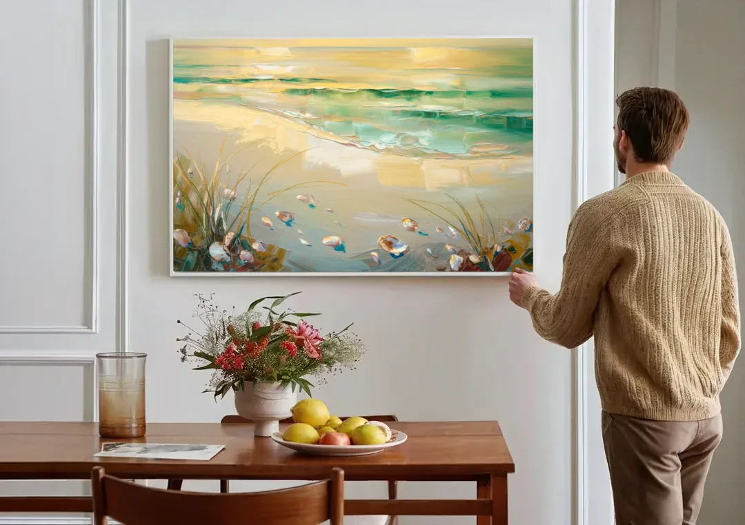 Seaside Beachfront Serenity canvas wall art above a dining table