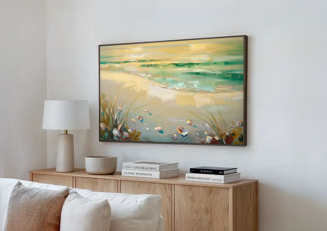 Seaside Beachfront Serenity canvas wall art above a wooden sideboard next to a sofa