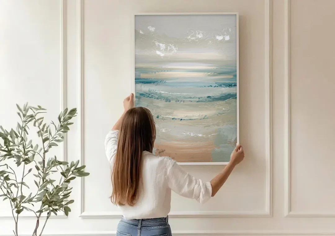Seaside Blue Horizon canvas wall art being hung on a paneled wall