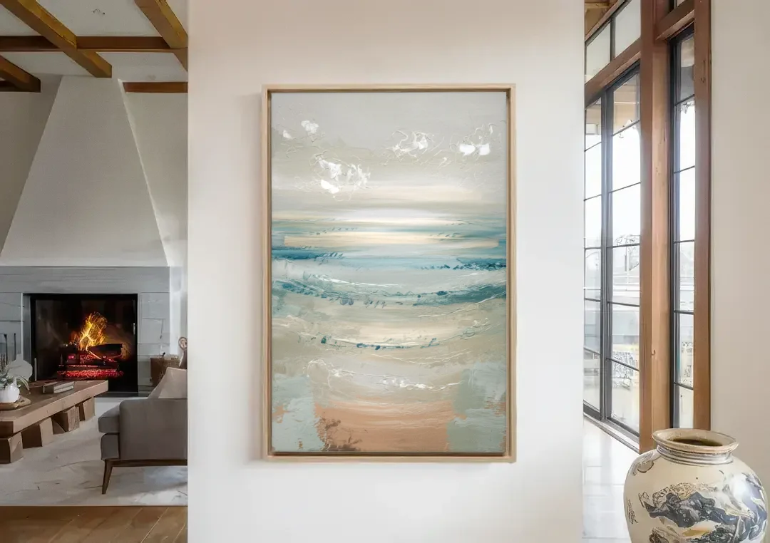 Seaside Blue Horizon canvas wall art in a living room with a fireplace
