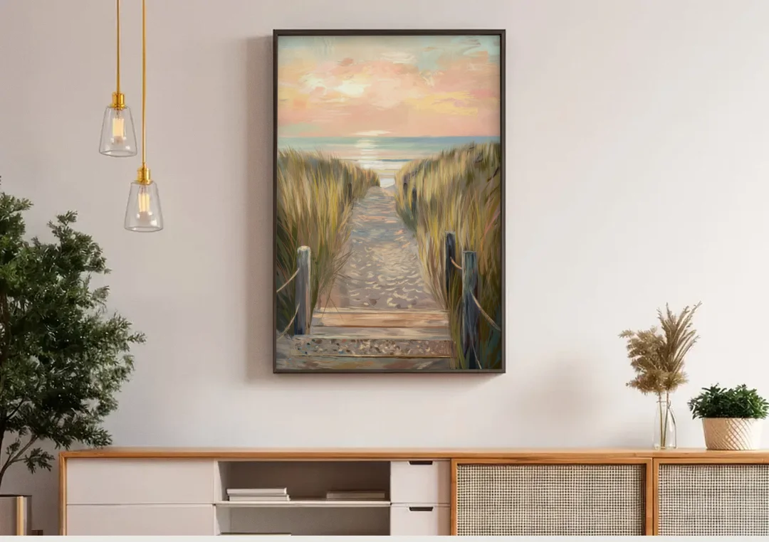 Seaside Coastal Path canvas wall art above a wooden sideboard under pendant lights