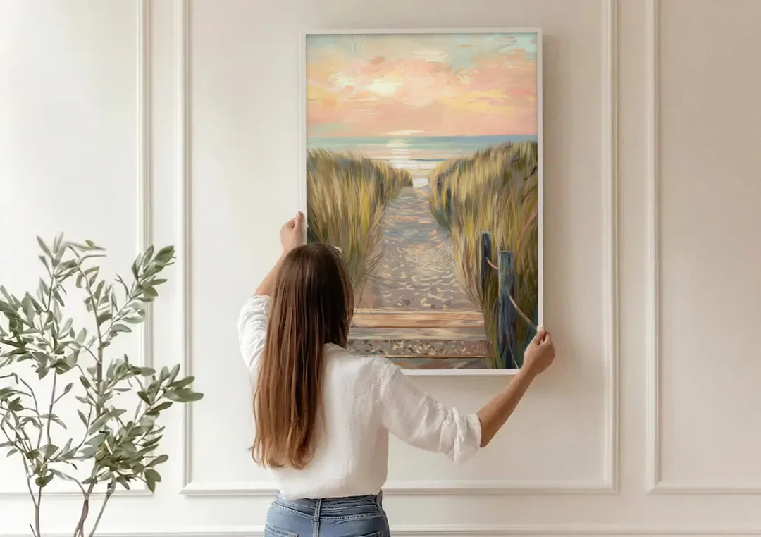 Seaside Coastal Path canvas wall art being hung on a paneled wall