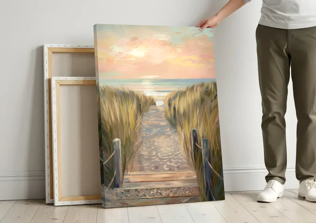 Seaside Coastal Path canvas wall art leaning against a wall next to blank canvases