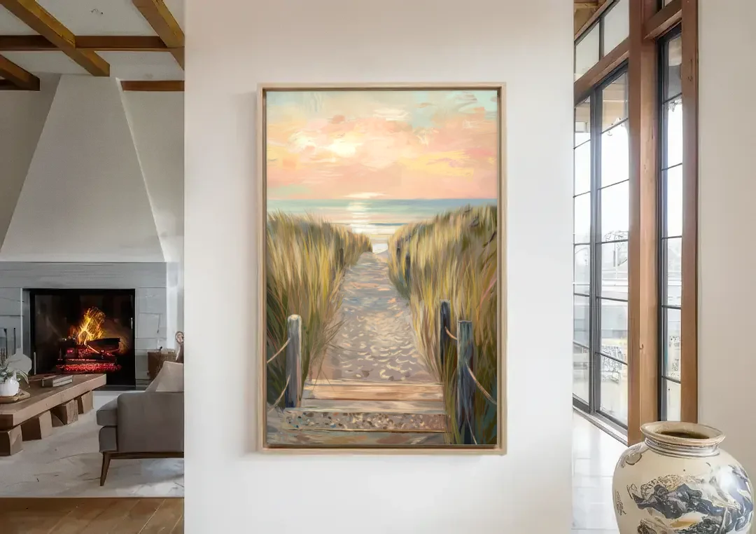 Seaside Coastal Path canvas wall art in a living room with a fireplace