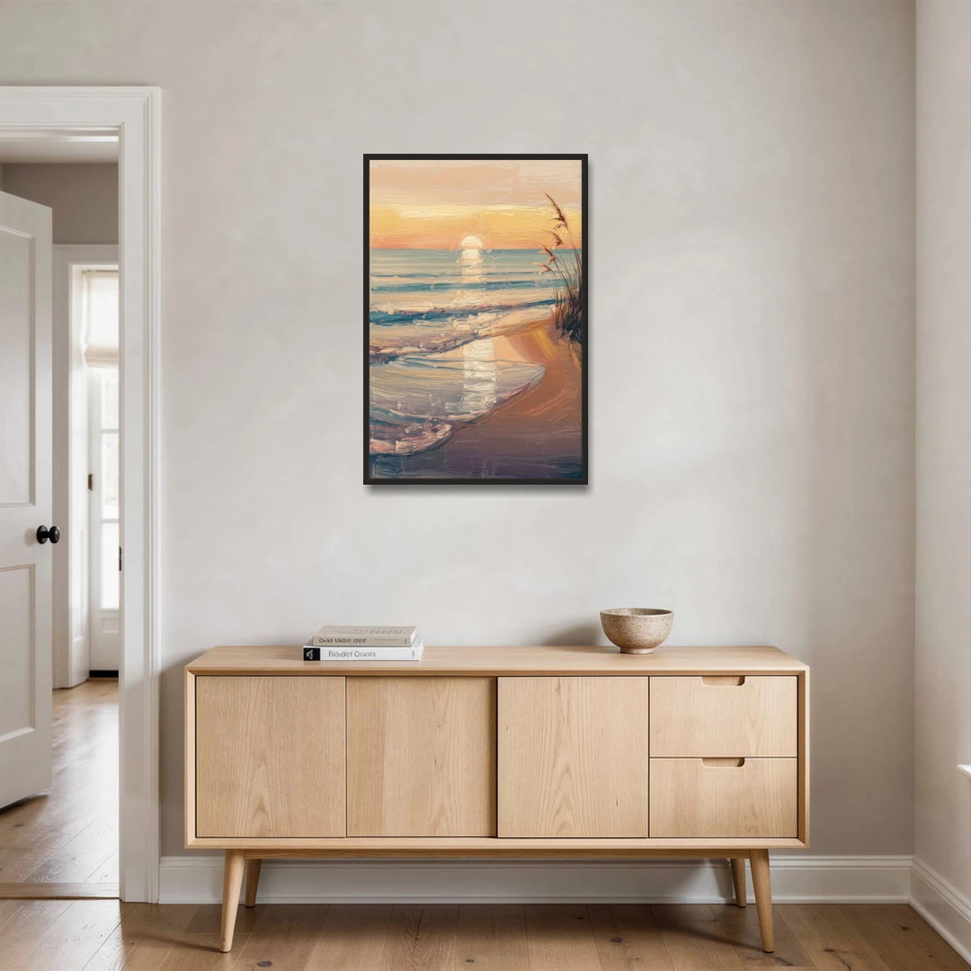Seaside Coastal Sunrise - Black Framed Canvas Wall Art - Coffee Table - 24x36