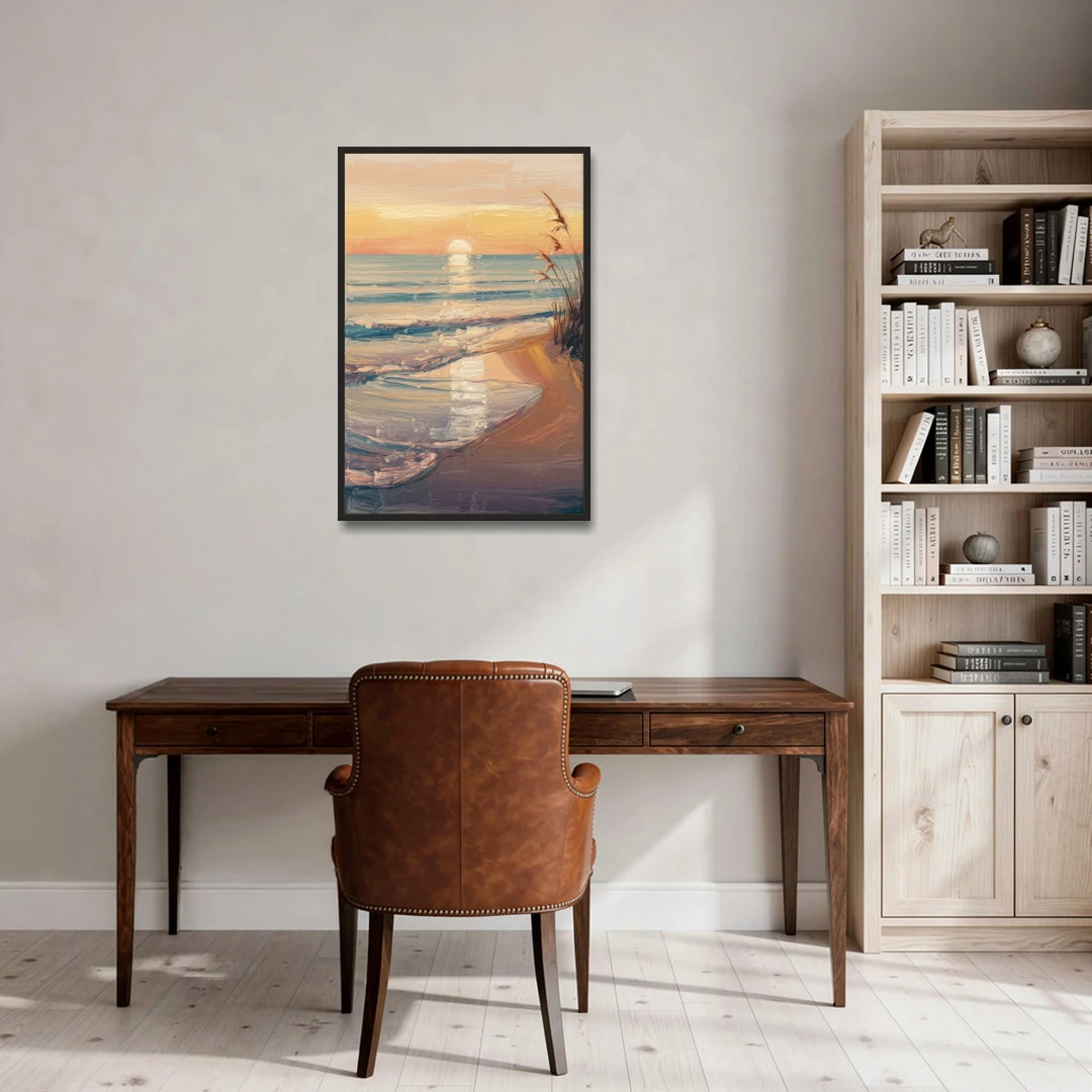 Seaside Coastal Sunrise - Black Framed Canvas Wall Art - Office - 24x36