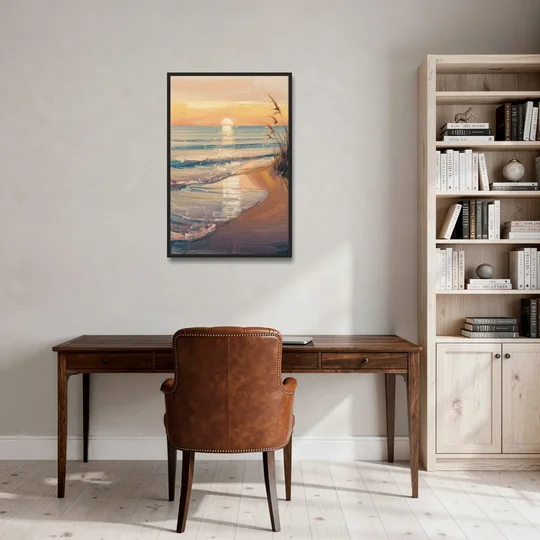 Seaside Coastal Sunrise - Black Framed Canvas Wall Art - Office - 24x36
