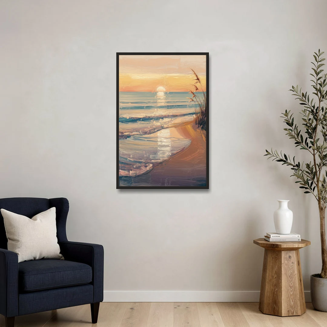 Seaside Coastal Sunrise - Black Framed Canvas Wall Art - Sofa - 24x36
