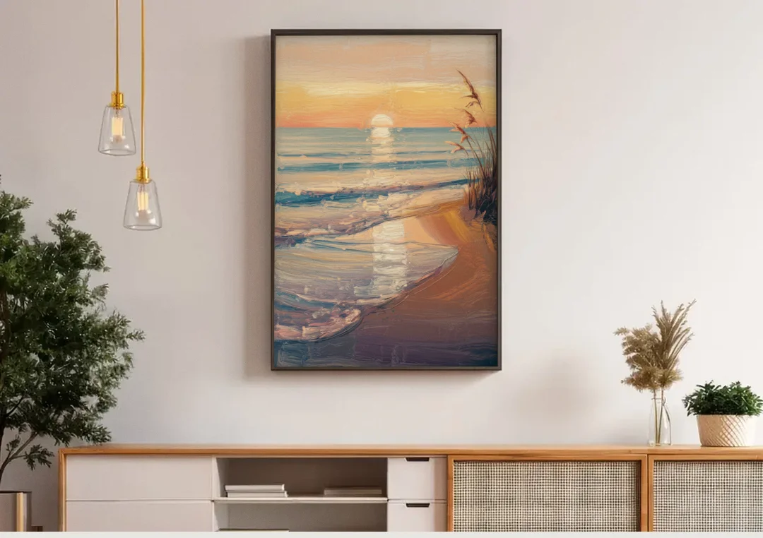Seaside Coastal Sunrise canvas wall art above a wooden sideboard under pendant lights