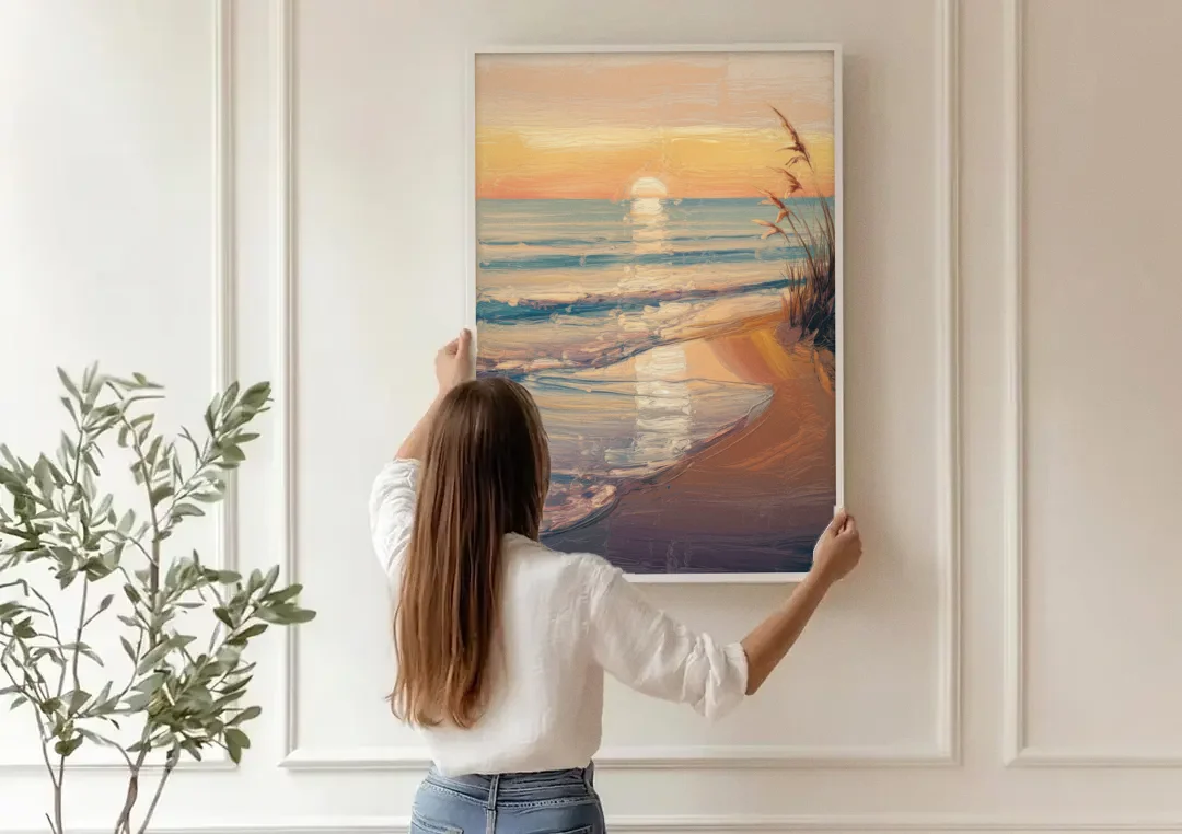 Seaside Coastal Sunrise canvas wall art being hung on a paneled wall