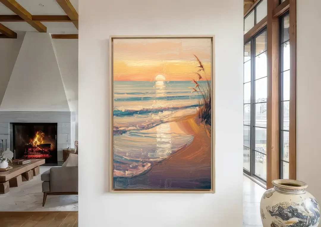 Seaside Coastal Sunrise canvas wall art in a living room with a fireplace