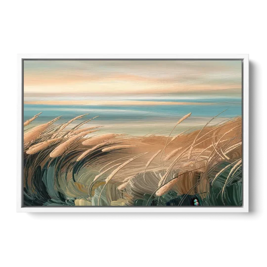 Seaside Dunes And Grass - White Framed Canvas Wall Art - Front