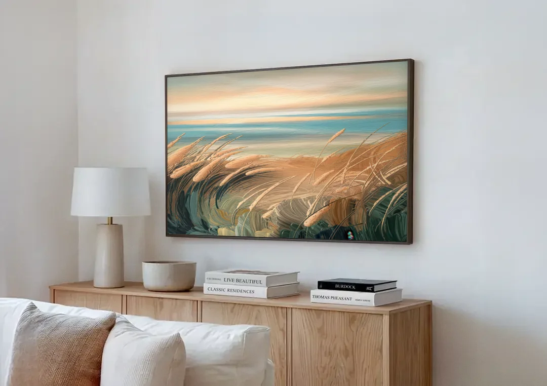 Seaside Dunes And Grass canvas wall art above a wooden sideboard next to a sofa