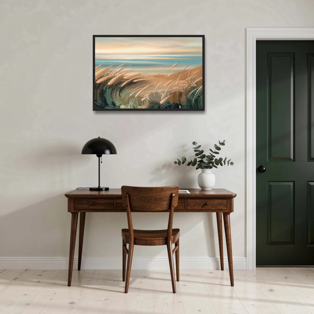 Seaside Dunes And Grass - Black Framed Canvas Wall Art - Office - 36x24